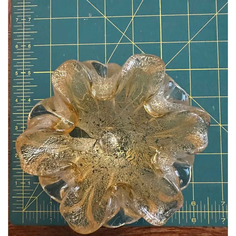 Vintage Murano Glass Aventurine Gold Flecks Ruffled Bowl Ashtray Candy Dish MCM
